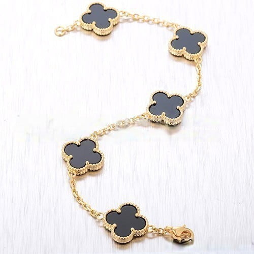 Van Cleef & Arpels Vintage Alhambra Bracelet 5 Motifs Yellow Gold With Black Agate Mother Of Pearl - Image 5