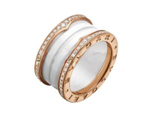 B.zero1 4-Band Ring Rose Gold and White Ceramic with Pave Diamonds Along the Edges