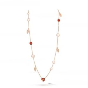 New Replica Van Cleef Arpels Lucky Spring Long Necklace Rose Gold Carnelian and Mother-of-pearl Onyx 15 Motifs