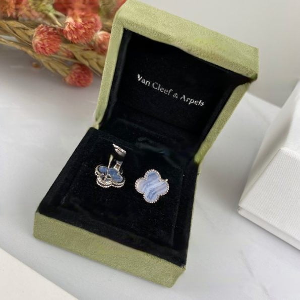 Replica Van Cleef Arpels Vintage Alhambra Earrings White Gold Chalcedony - Image 3