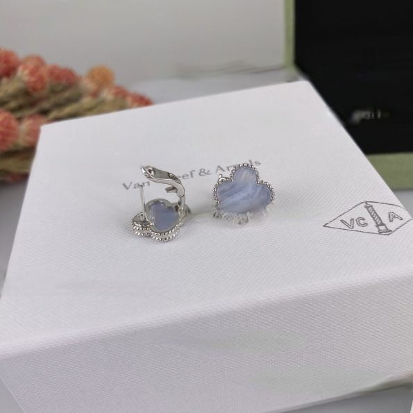 Replica Van Cleef Arpels Vintage Alhambra Earrings White Gold Chalcedony - Image 5