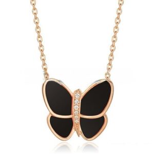 Van Cleef & Arpels Flying Butterfly Pendant Necklace Pink Gold With Black Onyx Diamonds