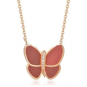Van Cleef & Arpels Flying Butterfly Pendant Necklace Pink Gold With Red Onyx Diamonds