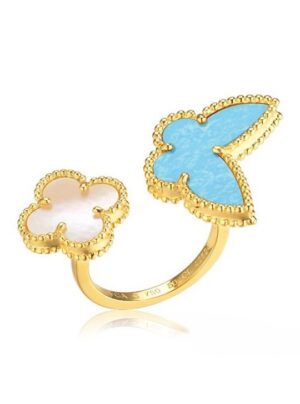 Van Cleef Arpels Luck Alhambra Between The Finger Ring Yellow Gold Turquoise With Mother Of Pearl