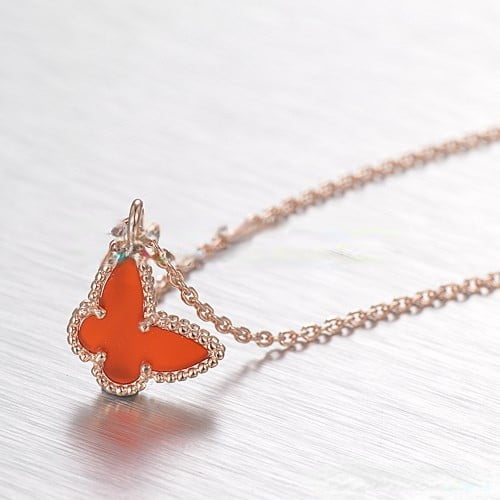 Van Cleef Arpels Lucky Alhambra Butterfly Necklace Pink Gold With Carnelian Mother Of Pearl - Image 4