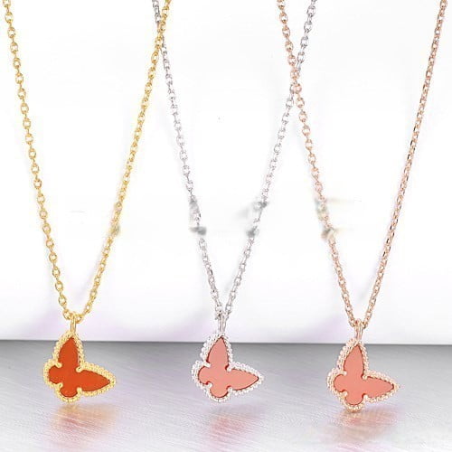 Van Cleef Arpels Lucky Alhambra Butterfly Necklace Pink Gold With Carnelian Mother Of Pearl - Image 2