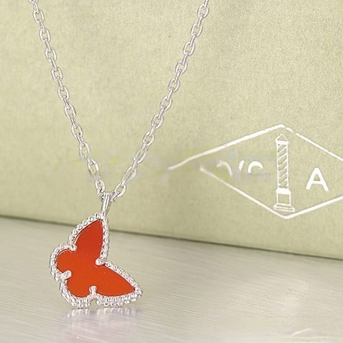 Van Cleef Arpels Lucky Alhambra Butterfly Necklace White Gold With Carnelian Mother Of Pearl - Image 4