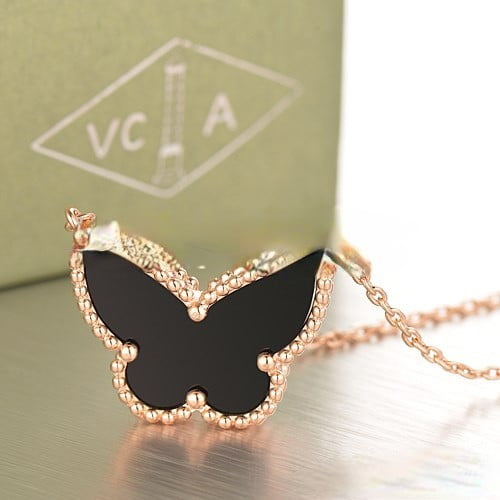 Van Cleef Arpels Lucky Alhambra Butterfly Pendant Pink Gold With Black Onyx Mother Of Pearl - Image 3