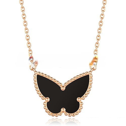Van Cleef Arpels Lucky Alhambra Butterfly Pendant Pink Gold With Black Onyx Mother Of Pearl