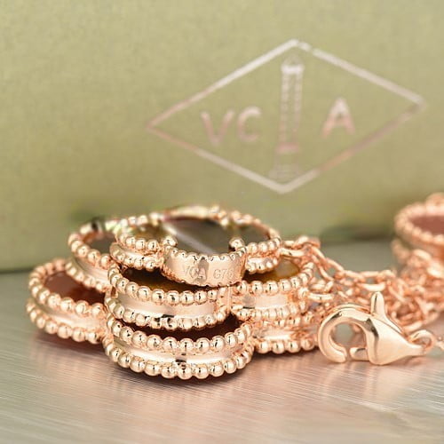 Van Cleef & Arpels Magic Alhambra Necklace Pink Gold 6 Motifs With Tiger’s Eye Onyx Mother Of Pearl - Image 4