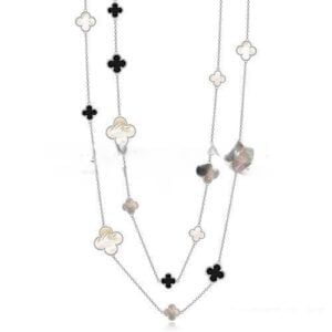 Van Cleef & Arpels Magic Alhambra Necklace Yellow Gold 16 Motifs With Black Agate White Gray Mother Of Pearl