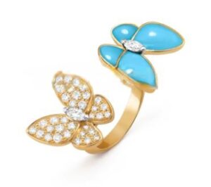 Van Cleef Arpels Two Butterfly Between the Finger Ring Yellow Gold with Diamonds and Turquoise