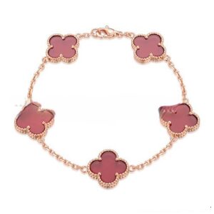 Van Cleef & Arpels Vintage Alhambra Bracelet 5 Motifs Pink Gold With Carnelian Mother Of Pearl