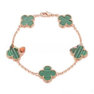 Van Cleef & Arpels Vintage Alhambra Bracelet 5 Motifs Pink Gold With Malachite Mother Of Pearl