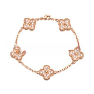 Van Cleef & Arpels Vintage Alhambra Bracelet 5 Motifs Pink Gold With Round Diamonds