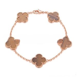Van Cleef & Arpels Vintage Alhambra Bracelet 5 Motifs Pink Gold With Tiger’s Eye Mother Of Pearl