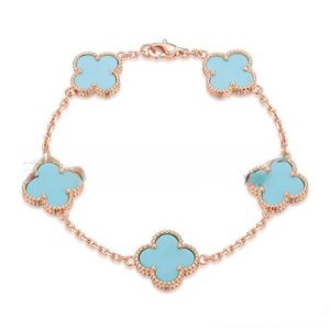 Van Cleef & Arpels Vintage Alhambra Bracelet 5 Motifs Pink Gold With Turquoise Mother Of Pearl