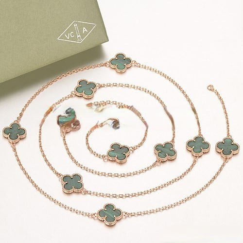 Van Cleef & Arpels Vintage Alhambra Necklace Pink Gold 10 Motifs With Malachite Mother Of Pearl - Image 3