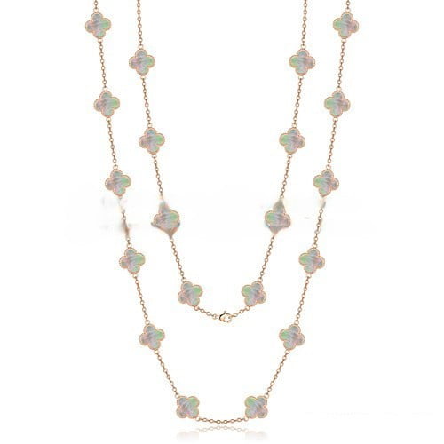 Van Cleef & Arpels Vintage Alhambra Necklace Pink Gold 20 Motifs With Gray Mother Of Pearl