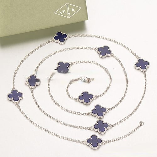 Van Cleef & Arpels Vintage Alhambra Necklace White Gold 10 Motifs With Lapis Stone Mother Of Pearl - Image 2