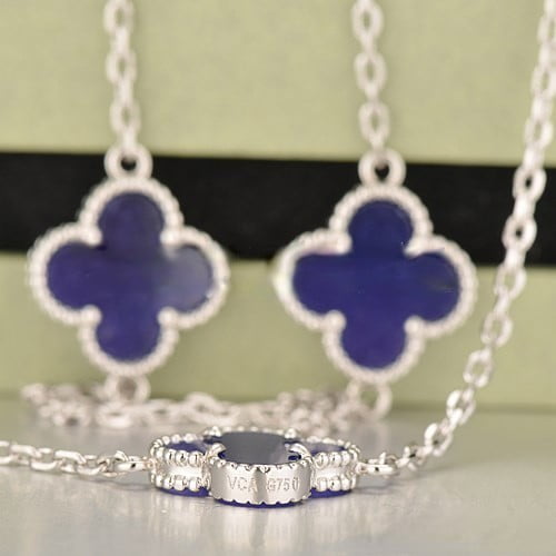 Van Cleef & Arpels Vintage Alhambra Necklace White Gold 10 Motifs With Lapis Stone Mother Of Pearl - Image 3