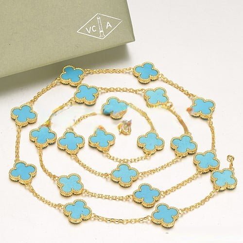 Van Cleef & Arpels Vintage Alhambra Necklace Yellow Gold 20 Motifs With Turquoise Mother Of Pearl - Image 4