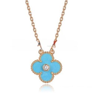 Van Cleef & Arpels Vintage Alhambra Pendant Pink Gold With Turquoise Mother Of Pearl Round Diamonds