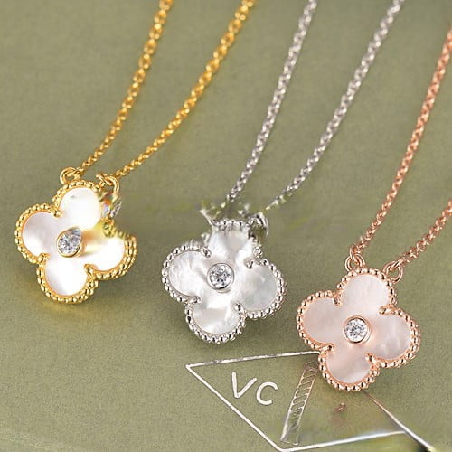 Van Cleef & Arpels Vintage Alhambra Pendant Pink Gold With White Mother Of Pearl Round Diamonds - Image 5