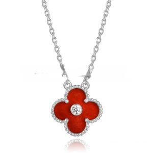 Van Cleef & Arpels Vintage Alhambra Pendant White Gold With Carnelian Mother Of Pearl Round Diamonds