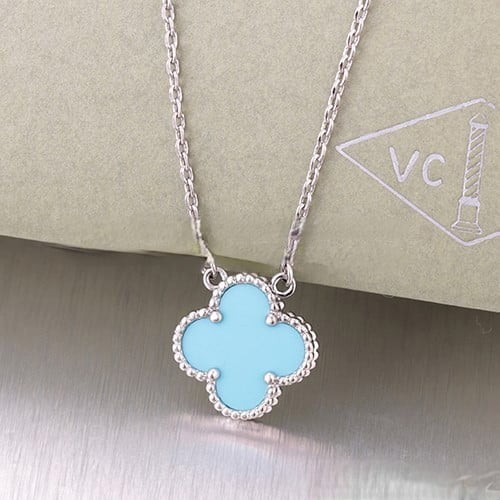 Van Cleef & Arpels Vintage Alhambra Pendant White Gold With Turquoise Mother Of Pearl 15mm - Image 3