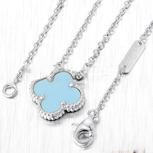 Van Cleef & Arpels Vintage Alhambra Pendant White Gold With Turquoise Mother Of Pearl 15mm - Image 4