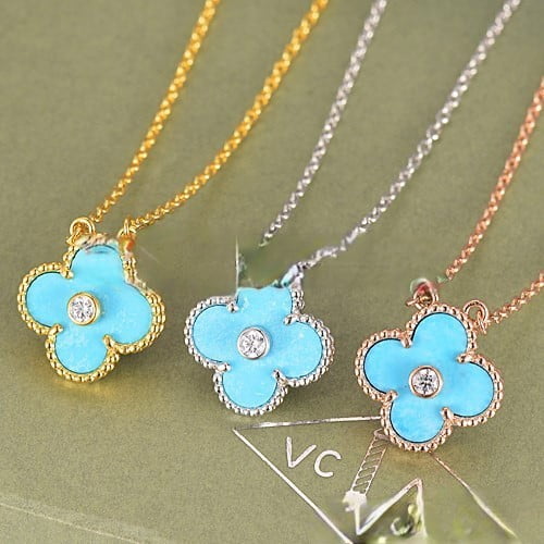 Van Cleef & Arpels Vintage Alhambra Pendant White Gold With Turquoise Mother Of Pearl Round Diamonds - Image 5