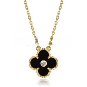 Van Cleef & Arpels Vintage Alhambra Pendant Yellow Gold With Black Agate Mother Of Pearl Round Diamonds