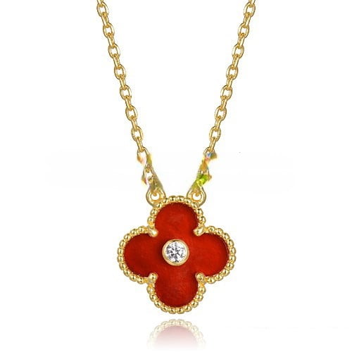 Van Cleef & Arpels Vintage Alhambra Pendant Yellow Gold With Carnelian Mother Of Pearl Round Diamonds