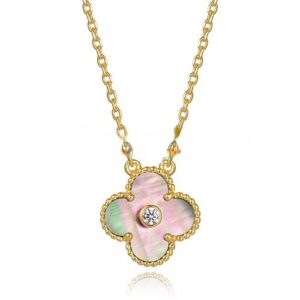 Van Cleef & Arpels Vintage Alhambra Pendant Yellow Gold With Gray Mother Of Pearl Round Diamonds