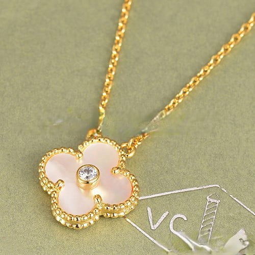 Van Cleef & Arpels Vintage Alhambra Pendant Yellow Gold With White Mother Of Pearl Round Diamonds - Image 3