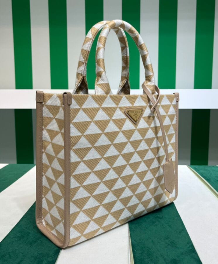 Prada Small Prada Symbole Embroidered Fabric Handbag 1BA354 Cream - Image 3