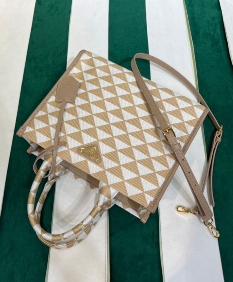 Prada Small Prada Symbole Embroidered Fabric Handbag 1BA354 Cream - Image 2