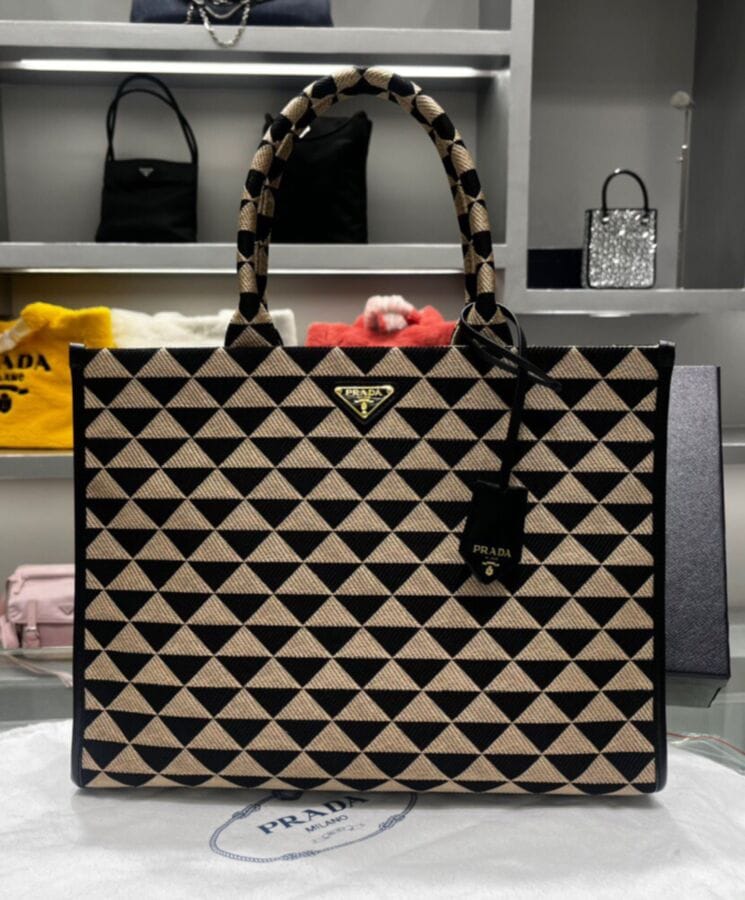 Prada Large Symbole Jacquard Fabric Handbag Black - Image 7